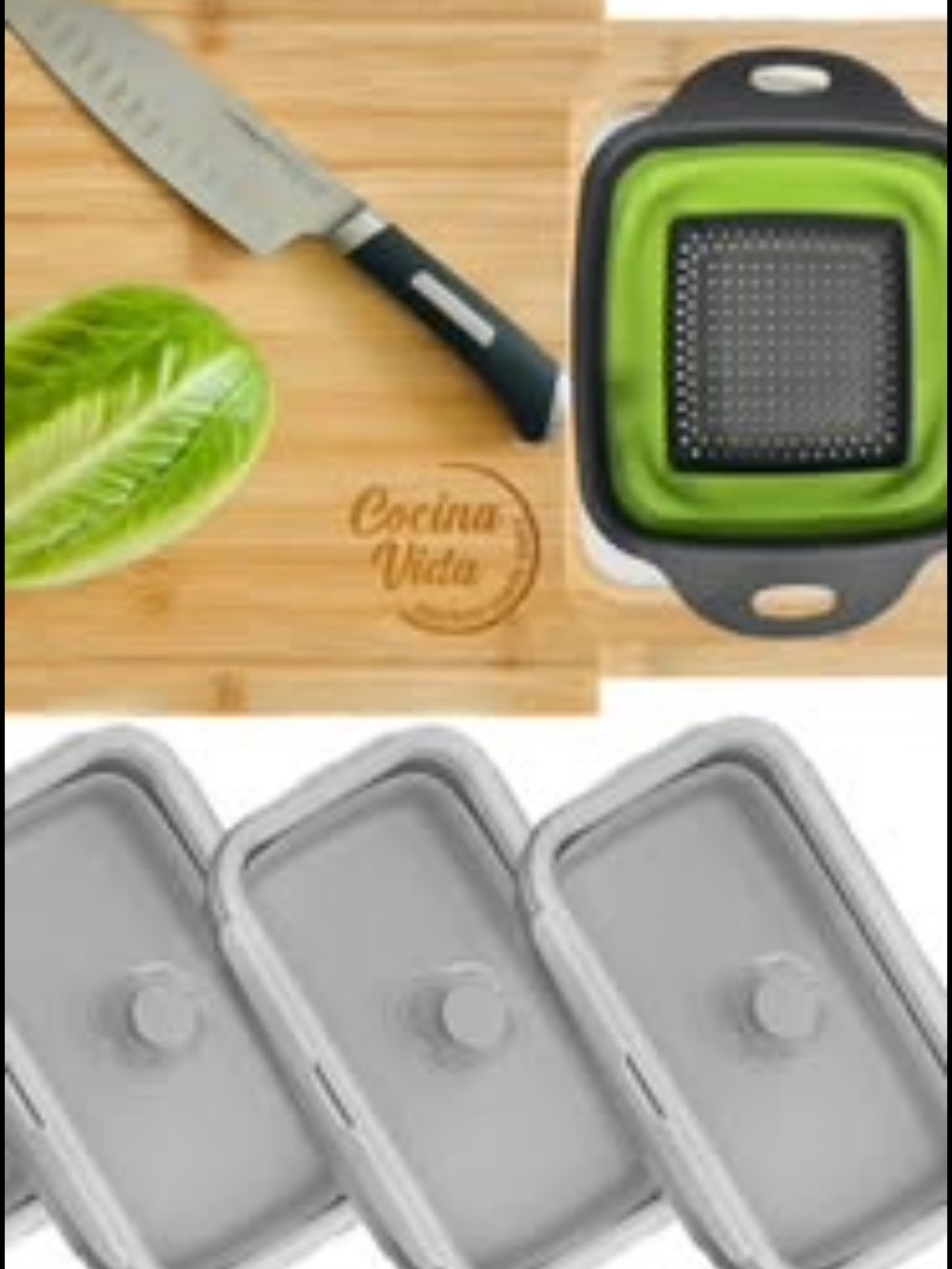 Bamboo cutting board with 3 collapsible container and strainer new
